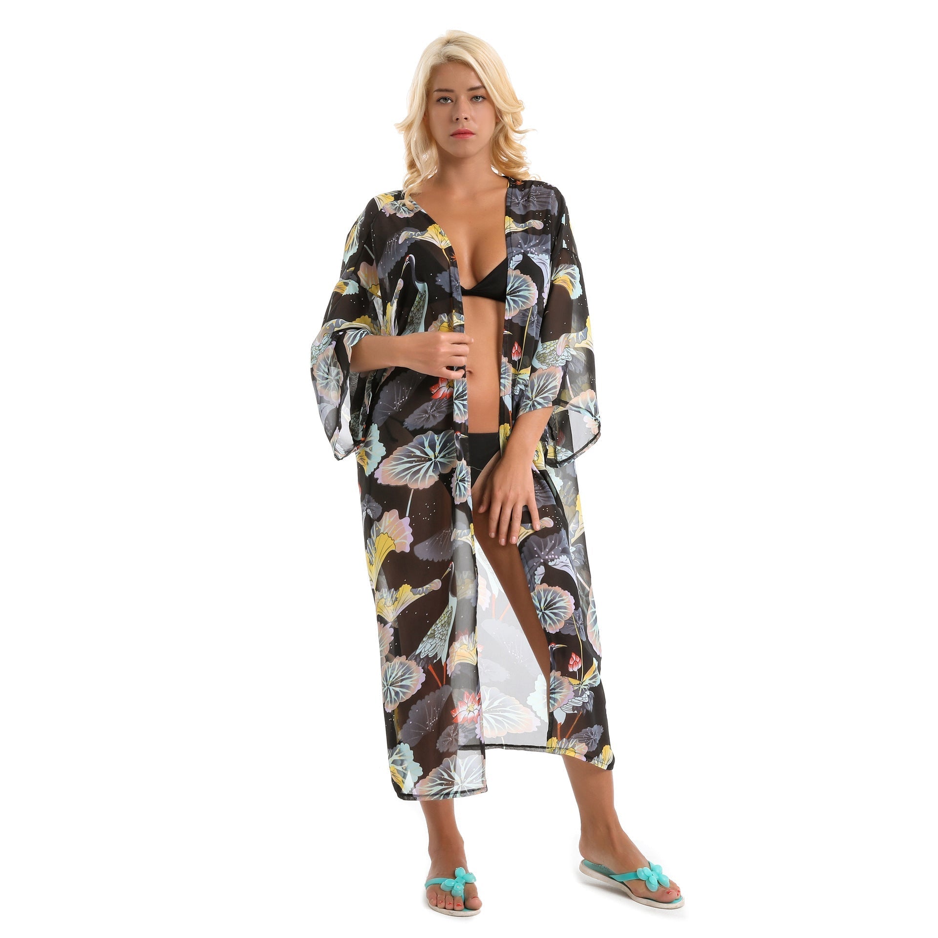 Spring, Summer, Autumn Classical Elegant Floral Lotus Leaf Travel Sun Protective Blouse Swimwear Cover up Bella Mia